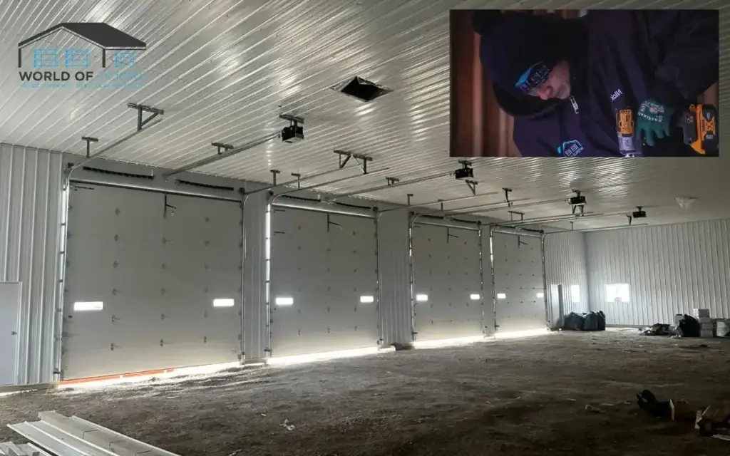 Large commercial garage with multiple overhead doors installed and maintained by commercial door repair services, featuring an inset image of a technician at work.