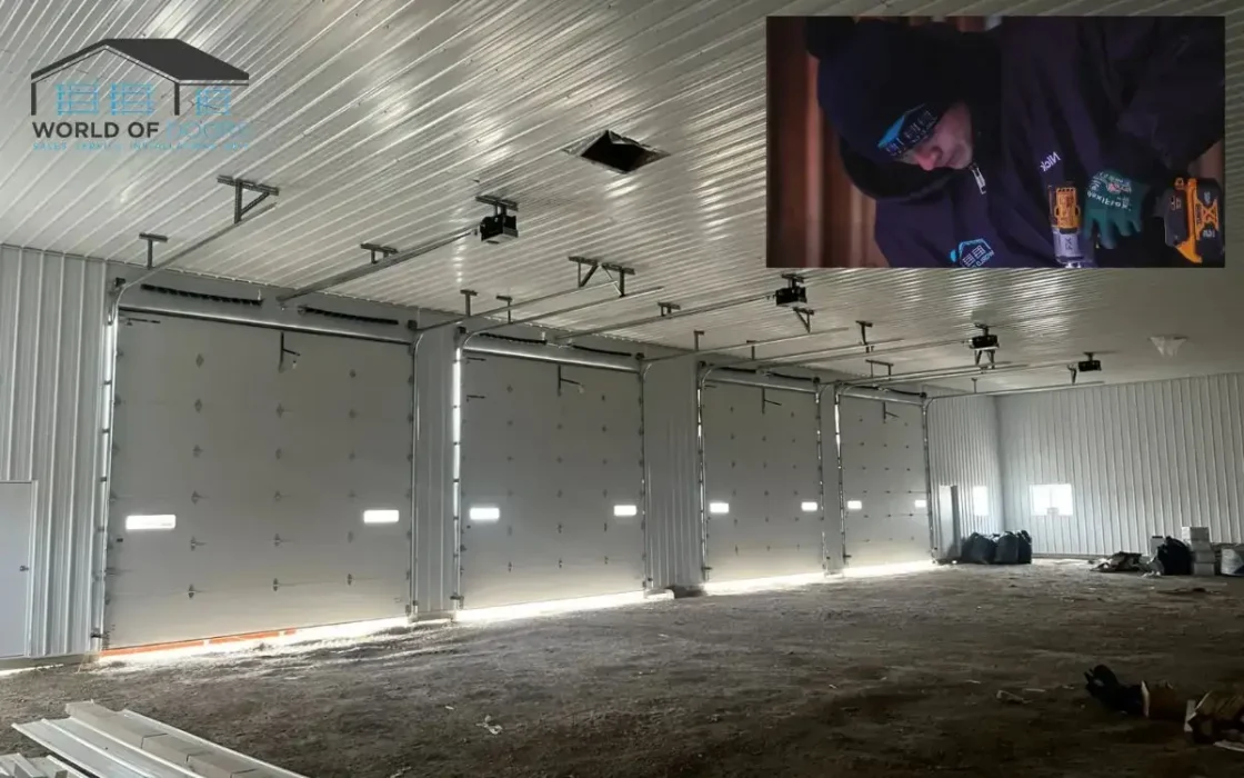 Large commercial garage with multiple overhead doors installed and maintained by commercial door repair services, featuring an inset image of a technician at work.