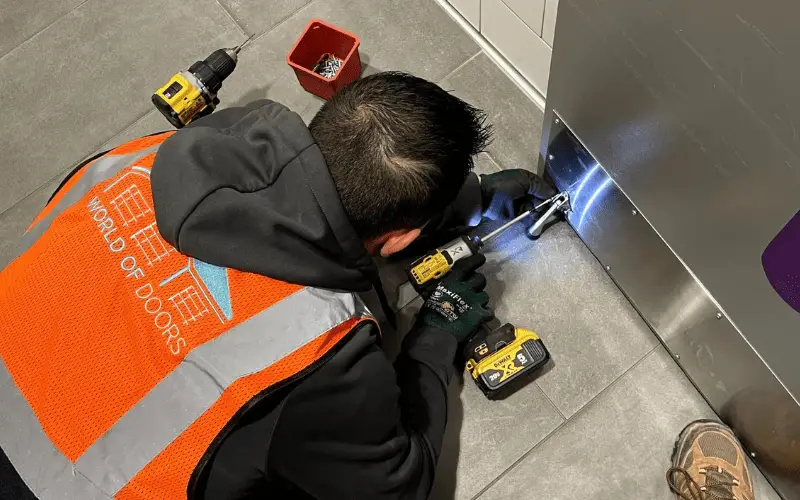A technician repairing a commercial overhead door using power tools to ensure proper functionality and security.