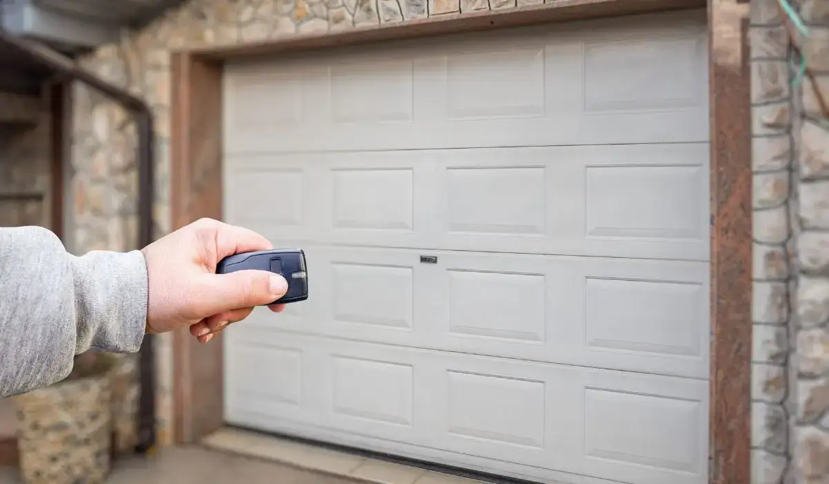 Person pressing remote at closed garage door – garage door opener issue.