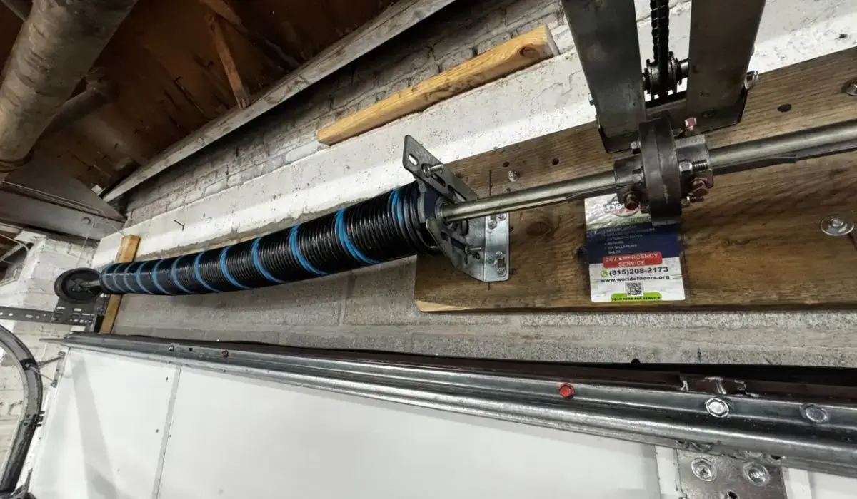 Close-up of heavy-duty garage door springs mounted on wall bracket, ensuring proper lift and safety function.