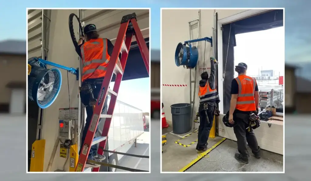 Technicians performing commercial overhead door installation and repair services in New Lenox