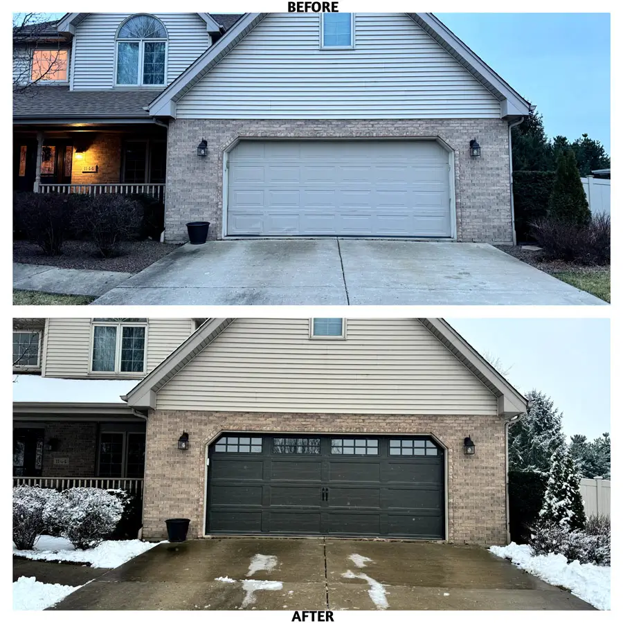 Before and after images showing the transformation after choosing to replace your garage door for curb appeal.
